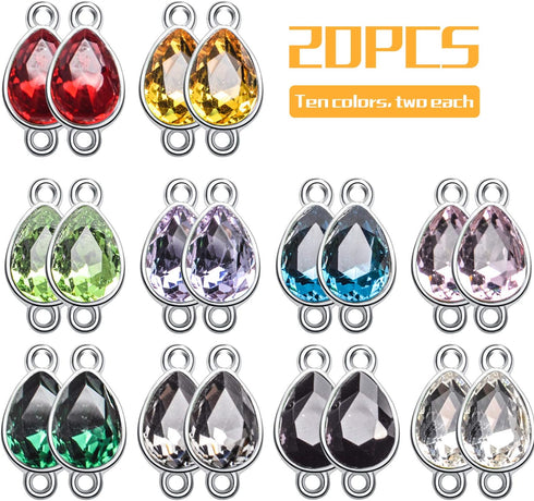 Rhinestone Charms,20pcs Mixed Drop Pendants Alloy Links Charms Bulk With Double Hole For DIY Necklace Bracelet Jewelry Making,10 Colors,17 x 10mm...