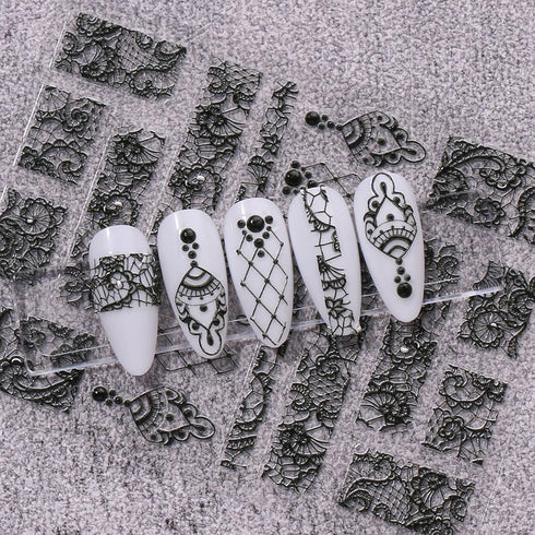 JMEOWIO 3D Embossed Black White Flower Nail Art Stickers Decals Self-Adhesive Pegatinas Uñas 5D Leaves Lace Nail Supplies Nail Art Design Decorati...