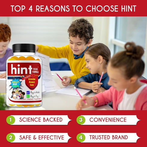 Hint Brain Memory Supplements for Kids & Teens, Omega 3 Brain Health, Focus & Eye Support Vitamins, Low Sugar 60 Gummies Support Attention & Conce...