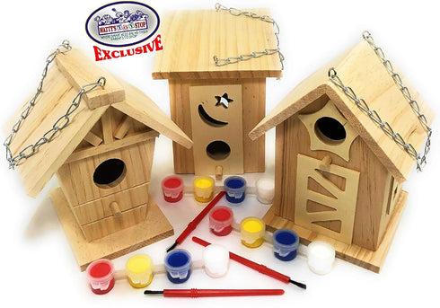 Matty's Toy Stop Paint Your Own Small Wooden Birdhouses (Includes Paints & Brushes) Gift Set Bundle - 3 Pack...