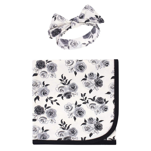 Touched by Nature Unisex Baby Organic Cotton Swaddle Blanket and Headband or Cap, Black Floral, One Size...