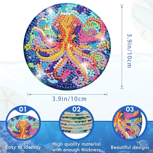 croshom 8 Pcs Ocean Creatures Diamond Art Painting Coasters Kits with Holder Ocean Creature Diamond Art Coaster with Cork Bases for Adults Diamond...