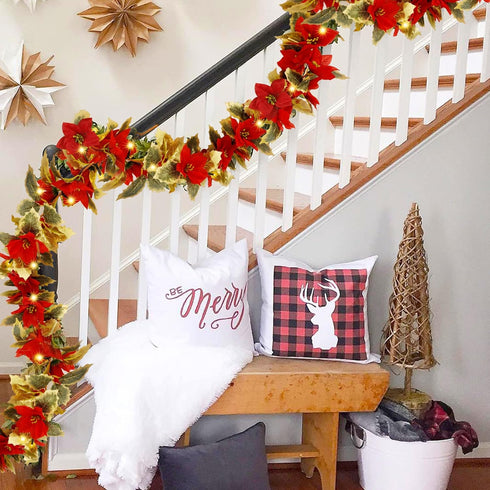 Glintoper Christmas Poinsettia Garland, 5.9 FT Lighted Artificial Garlands with 36 Red Flowers, Battery Operated with Timer Poinsettia String Ligh...