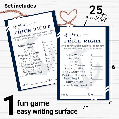 Paper Clever Party Anchor Baby Shower Games for Boys - 25 Cards - Guess The Price is Right - Nautical Themed Baby Shower Activities for Guests - 4...