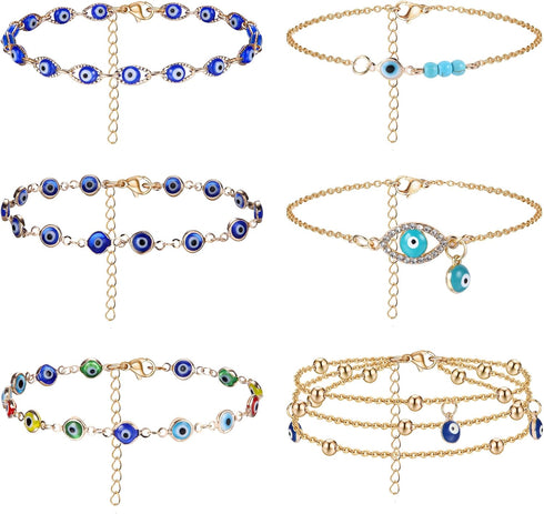 FIBO STEEL 6Pcs 14K Gold Plated Anklet Bracelets for Women Dainty Layered Evil Eye Anklet Beach Jewelry Gifts...