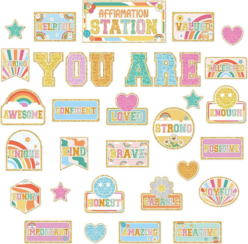 Hippie Affirmation Station Bulletin Board Set Groovy Bulletin Board for Classroom Decor Rainbow Mental Health Posters Positive Affirmations Accent...