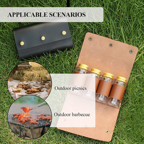 Portable Camping Spice Storage Bag with 4 Spice Jars, Camping Spice Set Kit, Outdoor Spice Containers, PU Leather Camping Seasoning Condiment Orga...