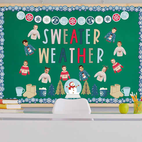 Whaline 85Pcs Winter Bulletin Board Decoration Kit Xmas Tree Snowmen Snowflake Cutouts with Glue Point Christmas Holiday Classroom Bulletin Border...