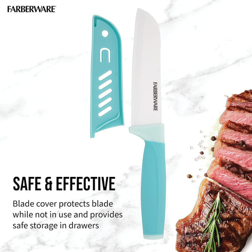 Farberware Ceramic 5- Inch Santoku Knife with Custom-Fit Blade Cover, Razor-Sharp Kitchen Knife with Ergonomic, Soft-Grip Handle, Dishwasher-Safe,...