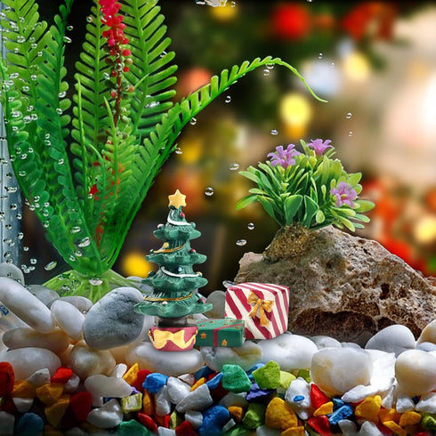 Christmas Aquarium Decoration Set: Christmas Fish Tank Decorations Xmas Tree Figure Present Box Miniature Resin Micro Landscape Ornaments for Fish...