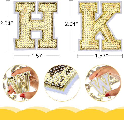 54 Pieces Iron on Sequin Letters Alphabet Patches Iron on Appliques Love Design Sew on Patches Glitter Hotfix for Bag Shoes DIY Craft Supplies(Gol...