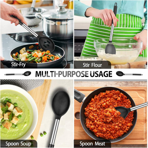 Pack of 2 Large Silicone Cooking Spoons, Non-Stick Stainless Steel Slotted and Solid Spoon Set for Serving, Mixing, Draining, Heat Resistant, Scra...