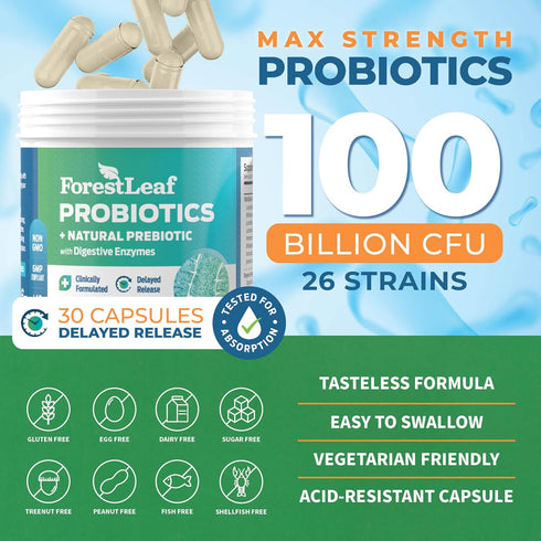 ForestLeaf Clinically Studied Probiotics 100 Billion CFU, 26 Strains with Organic Prebiotic Blend & Digestive Enzymes - Probiotic Prebiotic for Me...