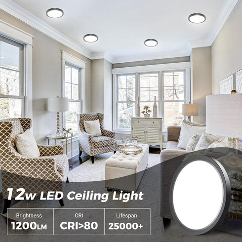 1PACK Flush Mount LED Ceiling Light Fixture Black, 6.5Inch 12Watt, Dimmable & 3000K-4000K-6500K 3 Color Selectable Ceiling Lamp 1200LM Low Profile...
