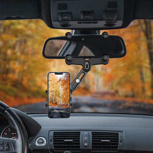 Rear View Mirror Phone Holder, 360°Rotatable and Retractable Rearview Mirror Phone Holder for Car, Upgraded Four Corners Anti-Shake Multifunctiona...