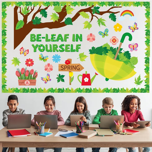 149 Pcs Spring Bulletin Board Boarder Decorations Set Be-Leaf in Yourself Spring Cut Outs Classroom Tree Spring Leaves Flowers Umbrella Cutouts fo...