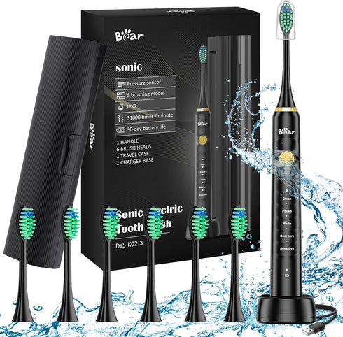 Bear Sonic Electric Toothbrush for Adults, Rechargeable Toothbrush with 5 Mode, 6 Brush Heads & Travel Case, One Charge for 60 Days, Smart Timers ...