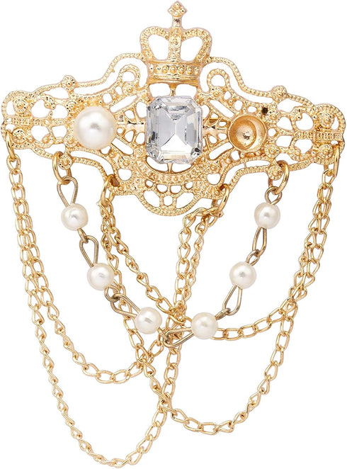 Knighthood Gold Crowned White Stone with Engraving Imitation Pearl and Hanging Chain Metal Lapel Pin Brooch for Men...