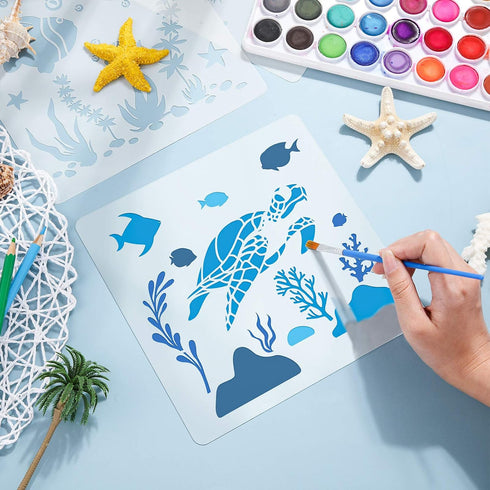 Zonon 9 Pieces Sea Animal Stencils Flower Mermaid Stencil Ocean Stencil Templates for Painting Crafts Reusable DIY Cards Making Scrapbook Summer S...