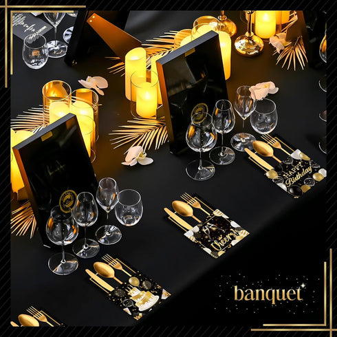 36 Pcs Black and Gold Birthday Party Favors Silverware Holder Bags Paper Utensil Cutlery Holder Disposable Knife Fork Spoon Sleeves Pocket for Hap...