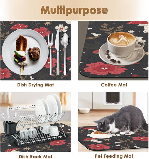 Coffee Mat for Countertops, Mushroom Red Floral Black Dish Drying Mat 2 Pcs for Kitchen Coffee Bar Accessories, Fit Under Coffee Maker Espresso Ma...