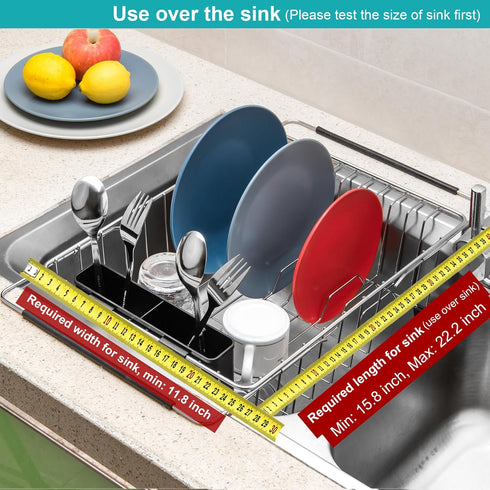 iPEGTOP Expandable Multifunctional Dish Drying Rack, Over The Sink, in Sink Or On Counter Dish Drainer Basket Shelf with Black Utensil Silverware ...