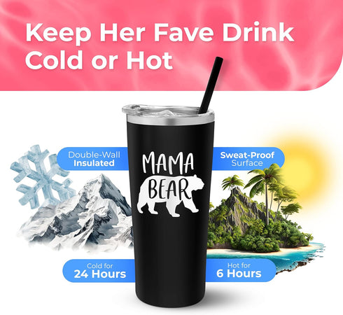 Mama Bear Vacuum Insulated Stainless Steel Tumbler with Lid and Straw - Mama Birthday Cup - Mother's Day or New Mom Gift - Travel Mug...