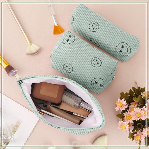 3 Pcs Makeup Bag Corduroy Cosmetic Bag Aesthetic Cute Preppy Makeup Bags for Women Smile Small Makeup Purse Pouch Travel Toiletry Bag Set Makeup O...