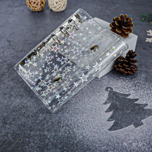 A7 Budget Binder Cover Clear PVC 6 Ring Binder Glitter Star Refillable Notebook Shell Protector with 2 Snaps for Cash Envelopes System Journal Alb...