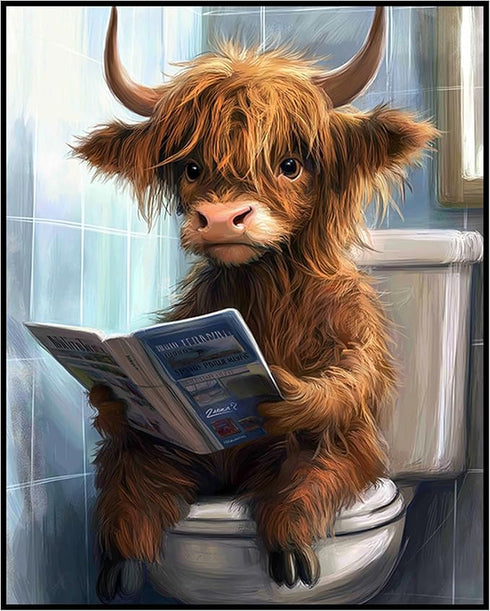Posterizer 1 pcs-funny cute highland cow reading on toilet 3-Bathroom Restroom Art-Art for Animal Lovers-Decor for Home & Office- unframed wall ar...