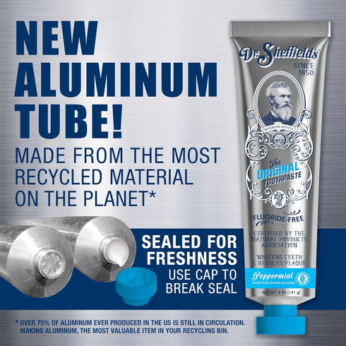 Dr. Sheffield’s Certified Natural Toothpaste (Peppermint) - Great Tasting, Fluoride Free Toothpaste/Freshen Your Breath, Whiten Your Teeth, Reduce...