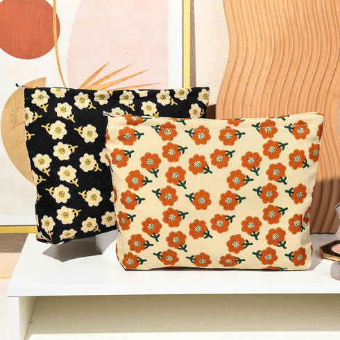 2 Pieces Orange Black Flower Makeup Bag Large Corduroy Cosmetic Bag Capacity Canvas Travel Toiletry Bag Organizer Cute Makeup Brushes Aesthetic Ac...