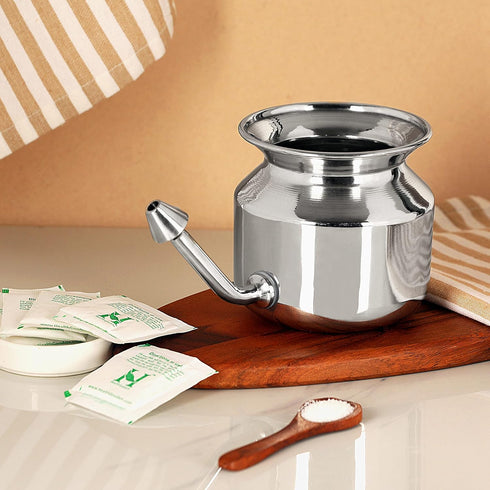 HealthGoodsIn Ultra Durable High Grade Stainless Steel Neti Pot for Nasal Irrigation + Neti Salt + 1 Cleaning Brush for Spout...