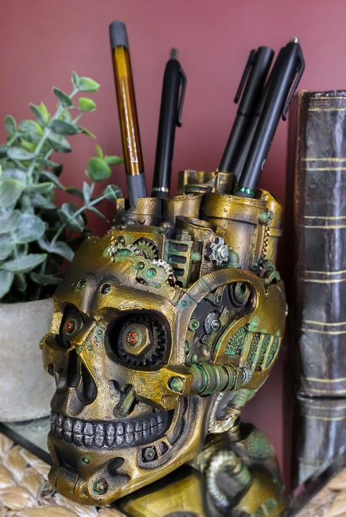 Ebros Gift Mad Max Steampunk Geared Cyborg Robotic Skull Decorative Box Figurine Skull Bowl Container Jewelry Trinket Storage Stash Box Or Pen Mak...