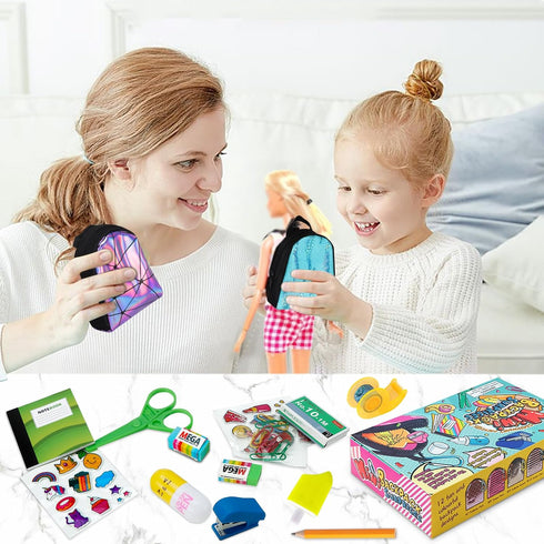 Euclidean Cube 2 Pieces Mini Doll Backpack Toys with 12 Stationery Surprises Inside, Collectible Mini Backpack for Doll with Carabiner, Doll Schoo...