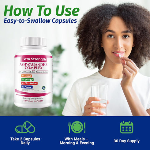 1 Body Ashwagandha Complex with Shoden® – Clinically Supported Stress Relief, Sleep, and Energy Support – Vegan, Non-GMO Supplements – 60 Capsules...