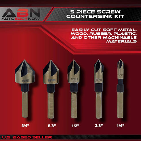 ABN Screw Countersink Kit 5-Piece SAE Drill Bit Set, 82-Degree, 1/4in Shank, 5 Flute – Metal, Wood, Rubber, Plastic...
