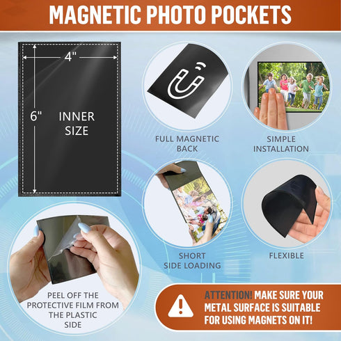 JUZARI 10 Pack 4x6 Magnetic Picture Frames for Refrigerator - Magnet Picture Frames for Fridge - Magnetic Photo Sleeves - Magnetic Photo Pockets -...