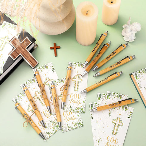 60 Pcs Christian Gifts Bulk Include Bible Verse Inspirational Bamboo Pens Religious Cards and Twine Ropes First Communion Favors Baptism Favors fo...