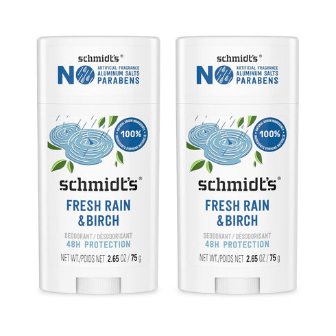 Schmidt's Aluminum-Free Vegan Deodorant Fresh Rain & Birch with 24 Hour Odor Protection, 2 Count for Women and Men, Natural Ingredients, Cruelty-F...