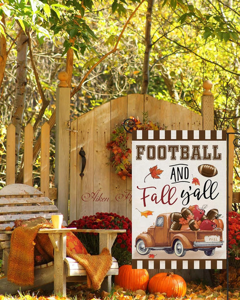 Welcome Thanksgiving Fall Garden Flags for Outside Decorations, FOOTBALL and Fall Y'all Truck with Maple Leaves Small Yard Flag, Harvest Autumn Se...