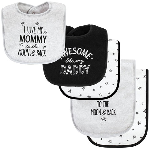 Hudson Baby Unisex Baby Cotton Terry Bib and Burp Cloth Set, Mom Dad Moon And Back, One Size...