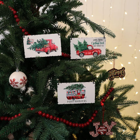 Rustic Red Truck Christmas Ornaments Set of 6,Farmhouse Enamel Hanging Signs for Christmas Tree Decorations Home Holiday Decor...