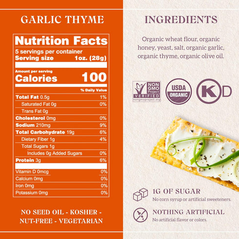 Firehook Garlic Thyme Crackers – Artisan Baked, Craveably Crunchy, Baked with Mediterranean Garlic & Thyme – Organic, Non-GMO, Kosher – 5.5 oz Box...