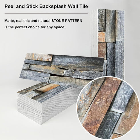 3-Pieces Peel and Stick Backsplash Tiles for Kitchen 4"x 12" PVC Self-Adhesive Subway Matte Faux Stone Wall Panel Brick Stick on Backspalsh for Ba...