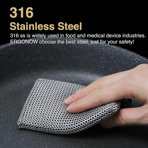 Cast Iron Cleaner Chainmail Scrubber -Fine Ring- 316 Stainless Steel Scrubbing Sponge Skillet – Dish Scrubber - Built-in Silicone with Welded Ring...