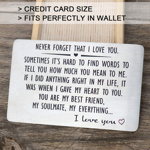 Anniversary Wallet Insert Card for Men or Women - Never Forget That I Love You, Engraved Wallet Insert for Boyfriend Husband Him, Birthday Wedding...