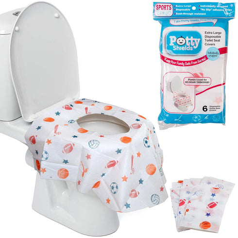Toilet Seat Covers Disposable (6 Pack, Sports) - XL Waterproof Toilet Cover for Toddlers, Kids & Adults - Portable & Individually Wrapped for Trav...