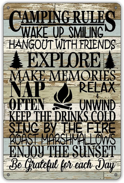 QIONGQI Funny Camping Rules Metal Tin Sign Wall Decor Farmhouse Rustic Camping Signs with Sayings for Home Camper Room Decor Gifts...