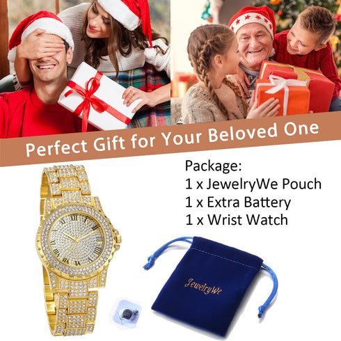 JewelryWe Men Women Watches Stylish Rhinestone Round Quartz Watch Gold Plated Stainless Steel Wristwatch for Valentine’s Day...